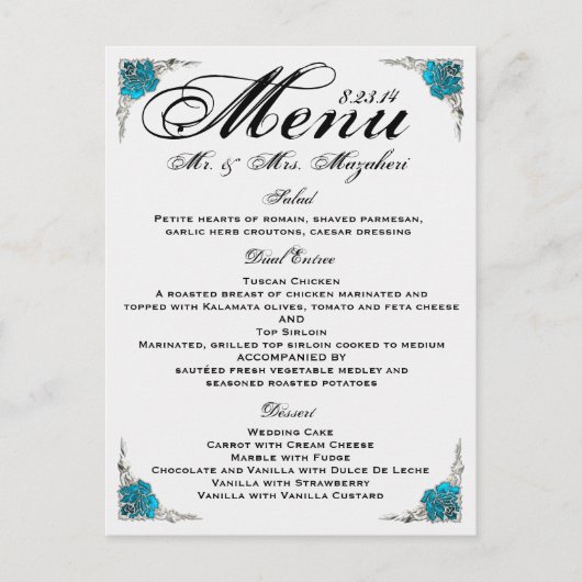 Blue Silver Rose Wedding Dinner Menu Vielen Dank Postkarte (Vorderseite)