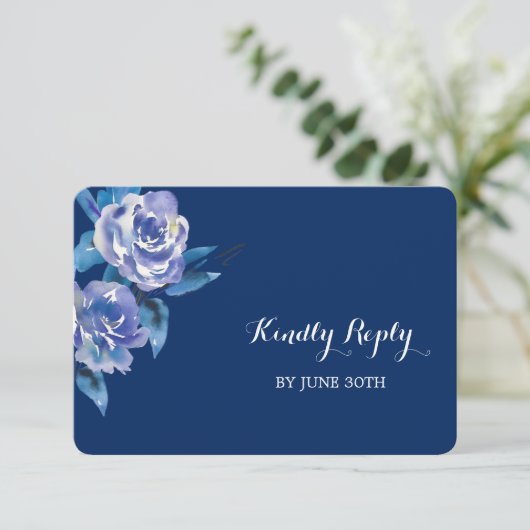 Blue Silver Rose Wedding RSVP (Stehend Vorderseite)