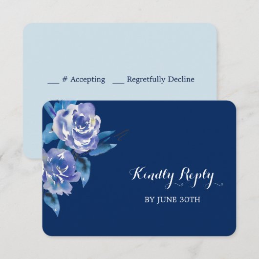 Blue Silver Rose Wedding RSVP Karte (Vorne/Hinten)