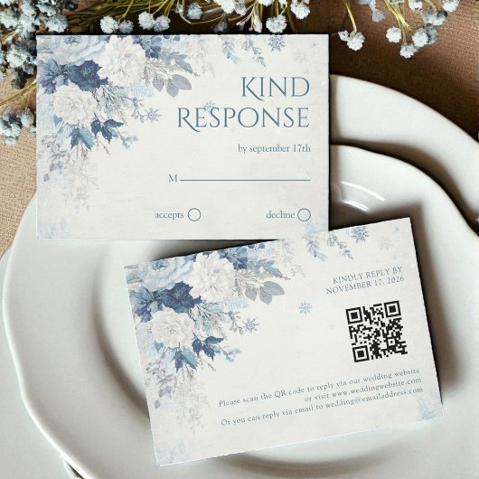 Blue Silver Rose Winter Floral Wedding QR Code RSVP Karte