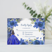 Blue Silver Rosen Quinceanera Geburtstag RSVP Karte (Stehend Vorderseite)