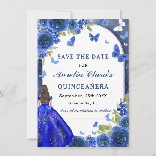 Blue Silver Rosen Quinceanera Save The Date (Vorderseite)