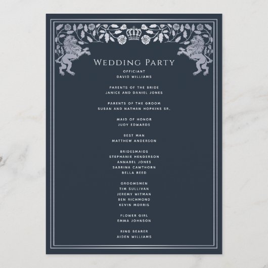 Blue & Silver Royal Lion Mittelalterliche Hochzeit Programm (Rückseite)