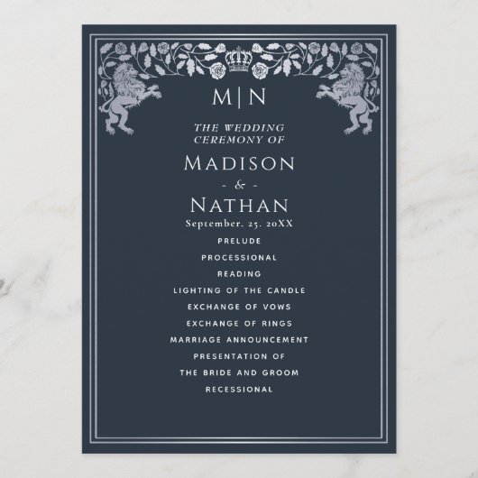 Blue & Silver Royal Lion Mittelalterliche Hochzeit Programm (Vorderseite)