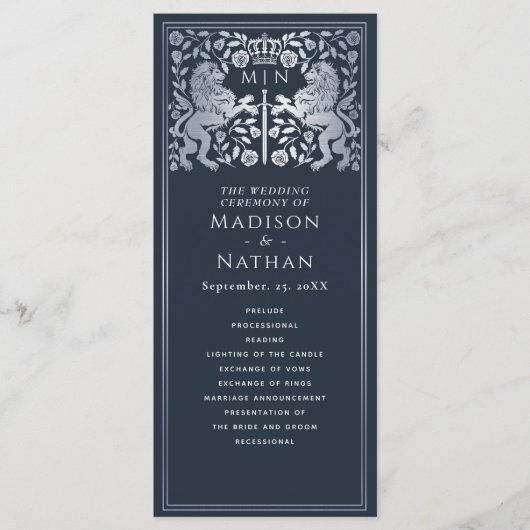Blue & Silver Royal Lion Mittelalterliche Hochzeit Programm (Vorderseite)