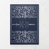 Blue Silver Royal Medieval Sword Wedding QR Code Dreifach Gefaltete Einladung (Cover)