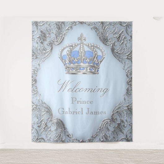 Blue Silver Royal Prince Baby Dusche Hintergrund Wandteppich (Vorderseite)