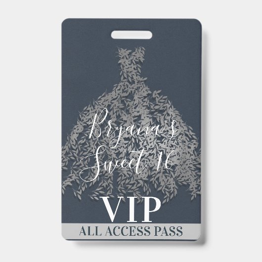 Blue Silver Rustic Blätter Dress Sweet 16 VIP Pass Ausweis (Front)