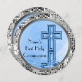 Blue & Silver Sequin 1. Heilige Kommunion Einladun Einladung (Vorne/Hinten)