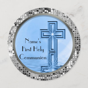 Blue & Silver Sequin 1. Heilige Kommunion Einladun Einladung