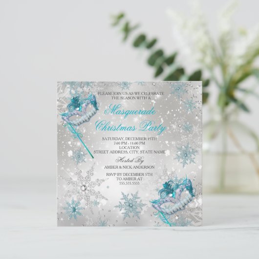 Blue Silver Snowflake Masquerade Weihnachtsfest Pa Einladung (Stehend Vorderseite)