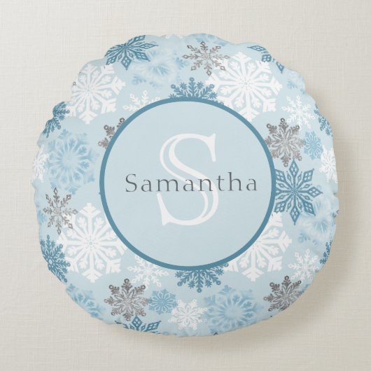 Blue & Silver Snowflake Personalisiert Rundes Kissen (Vorderseite)