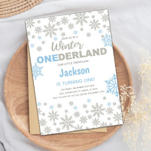 Blue Silver SnowFlake Winter Geburtstag Onederland Einladung