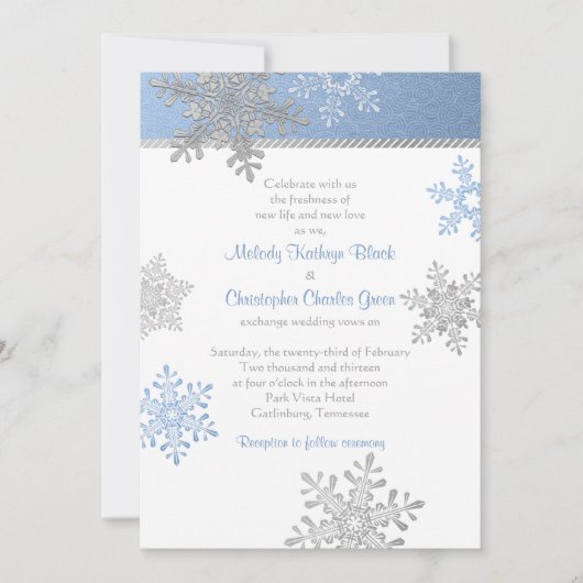 Blue Silver Snowflake Winter Hochzeit Einladung (Vorderseite)