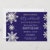 Blue Silver Snowflakes Double Birthday Party Einladung (Vorderseite)