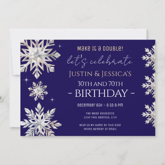 Blue Silver Snowflakes Double Birthday Party Einladung (Vorderseite)