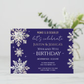Blue Silver Snowflakes Double Birthday Party Einladung (Stehend Vorderseite)
