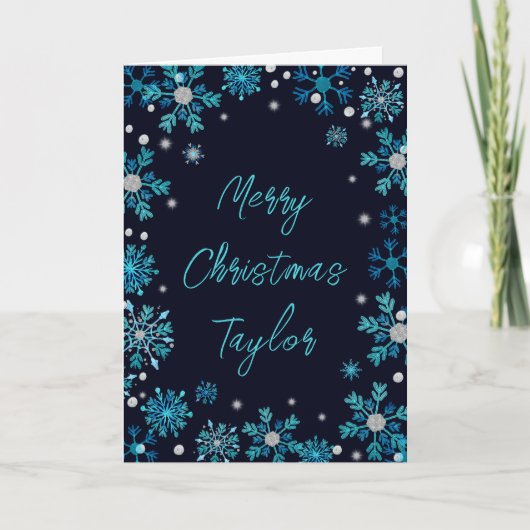 Blue Silver Snowflakes Frohe Weihnachten mit Namen (Vorderseite)