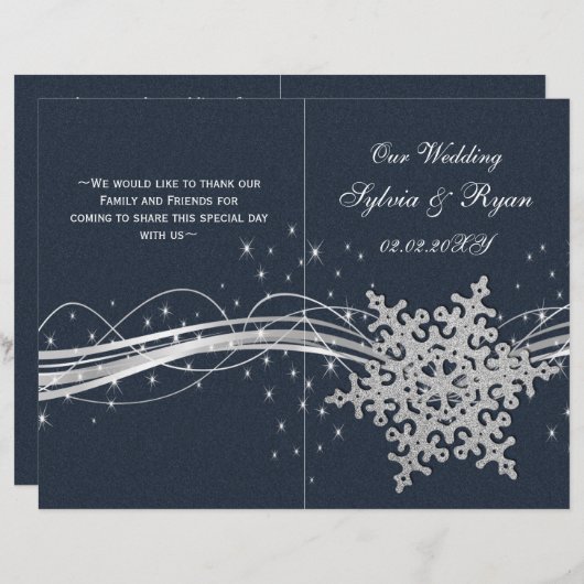 Blue Silver Snowflakes Hochzeitsprogramme gefaltet (Vorne/Hinten)