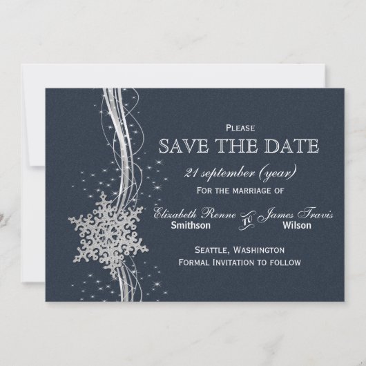 Blue Silver Snowflakes Winter Save the Date (Vorderseite)