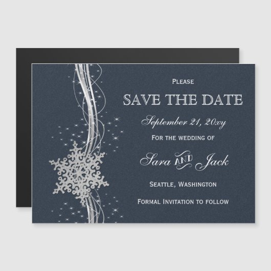 Blue Silver Snowflakes Winter Save the Date Magneteinladung (Vorne/Hinten)