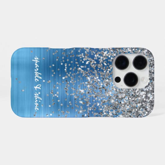 Blue Silver Sparkle Glitzer personalisiert iPhone Hülle (Rückseite (Horizontal))