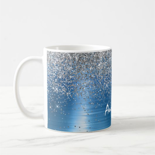 Blue Silver Sparkle Glitzer personalisiert Kaffeetasse (Links)