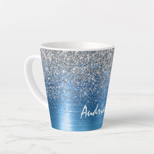 Blue Silver Sparkle Glitzer personalisiert Milchtasse (Linke Ecke)