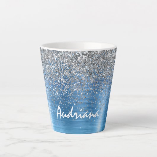 Blue Silver Sparkle Glitzer personalisiert Milchtasse (Vorderseite)