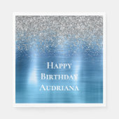 Blue Silver Sparkle Glitzer personalisiert Serviette (Vorderseite)