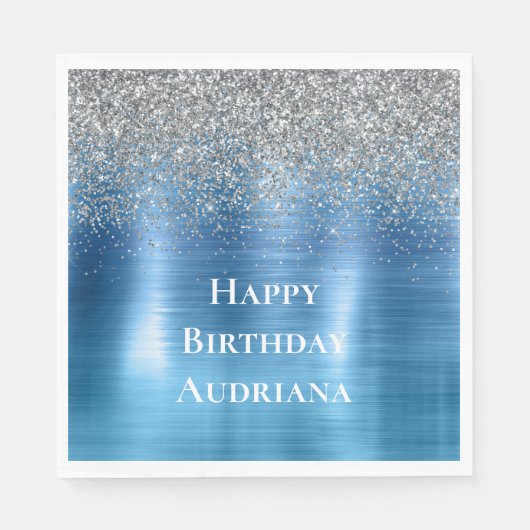 Blue Silver Sparkle Glitzer personalisiert Serviette (Vorderseite)