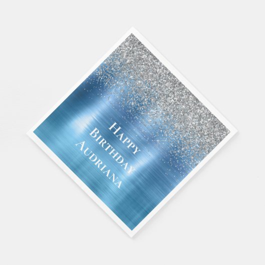 Blue Silver Sparkle Glitzer personalisiert Serviette (Ecke)