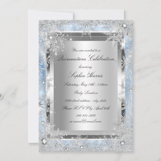 Blue Silver Sparkle Jewel Snowflake Quinceanera Einladung (Rückseite)