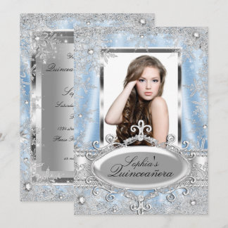 Blue Silver Sparkle Jewel Snowflake Quinceanera Einladung