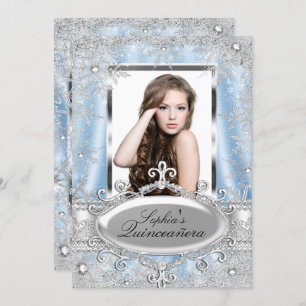 Blue Silver Sparkle Jewel Snowflake Quinceanera Einladung