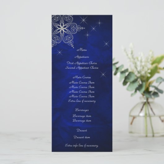 Blue Silver Star Snowflake Wedelmenu Rack Card Menükarte (Stehend Vorderseite)