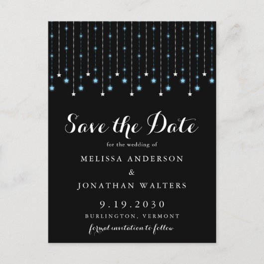 Blue Silver Stars String Lights Save the Date Ankündigungspostkarte (Vorderseite)