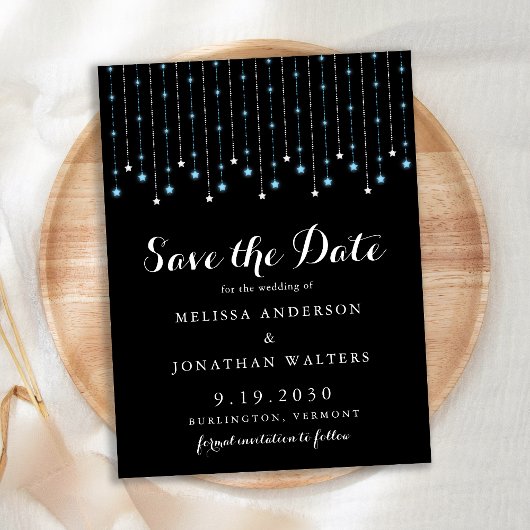 Blue Silver Stars String Lights Save the Date Ankündigungspostkarte