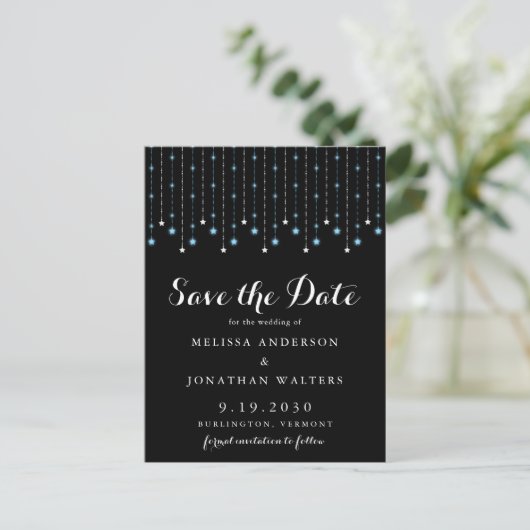 Blue Silver Stars String Lights Save the Date Postkarte (Stehend Vorderseite)