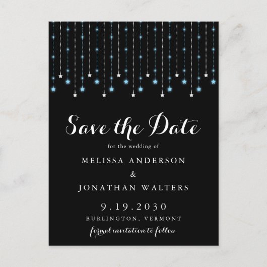 Blue Silver Stars String Lights Save the Date Postkarte (Vorderseite)