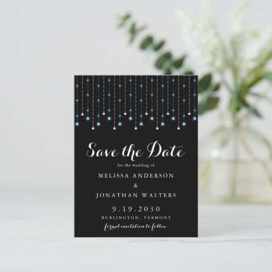 Blue Silver Stars String Lights Save the Date Postkarte (Stehend Vorderseite)