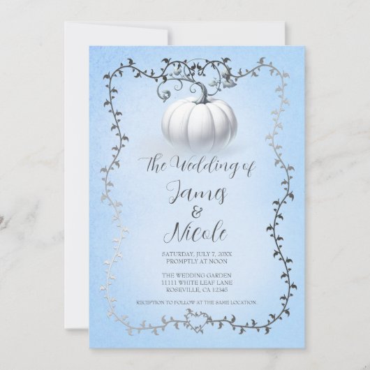 Blue & Silver Storybook White Pumpkin Wedding Einladung (Vorderseite)