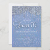 Blue Silver String Lights Damask Sweet 16 Einladung (Vorderseite)