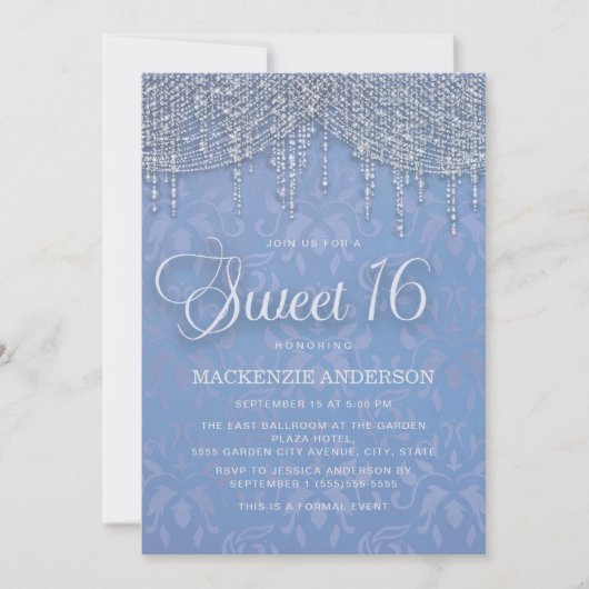 Blue Silver String Lights Damask Sweet 16 Einladung (Vorderseite)