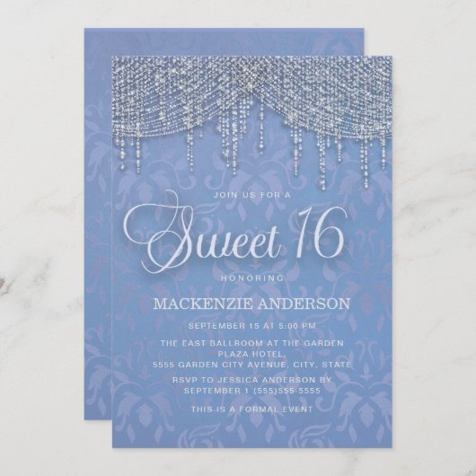 Blue Silver String Lights Damask Sweet 16 Einladung (Vorne/Hinten)