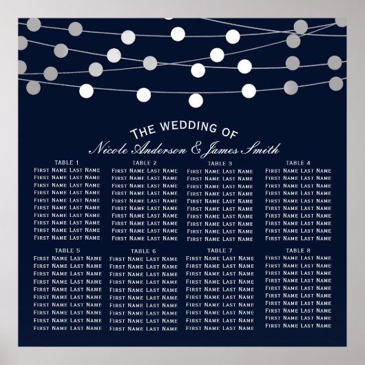 Blue Silver String Lights Moderne Hochzeitssitze Poster (Vorne)