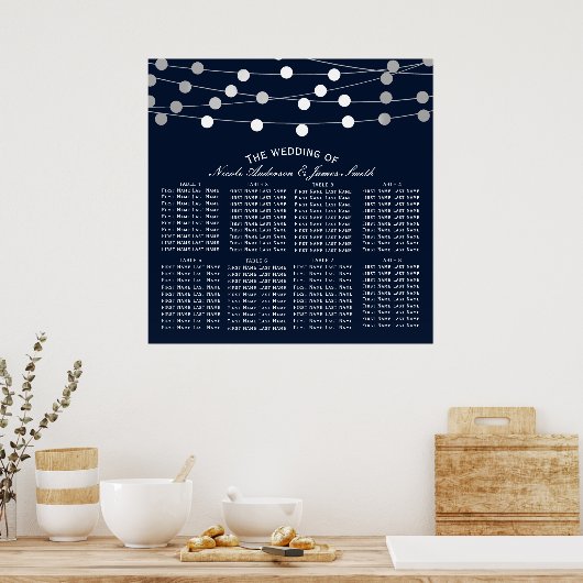 Blue Silver String Lights Moderne Hochzeitssitze Poster (Küche)