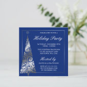Blue Silver Swirl Weihnachtsbaumparty Einladung (Stehend Vorderseite)