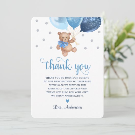 Blue Silver Teddy Bear Beary Much Baby Dusche Dankeskarte (Stehend Vorderseite)