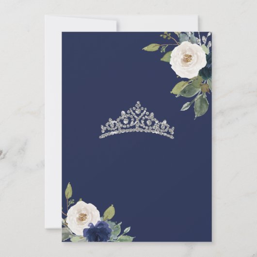 Blue Silver Tiara Floral Elegantes Kleid Quinceañe Einladung (Rückseite)